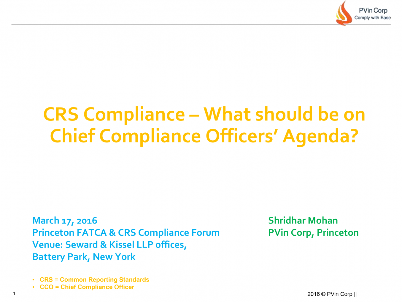 NYC FATCA CRS Forum - CCO Agenda Presentation